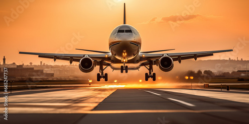 A commercial airliner ascending into the sky from a busy airport