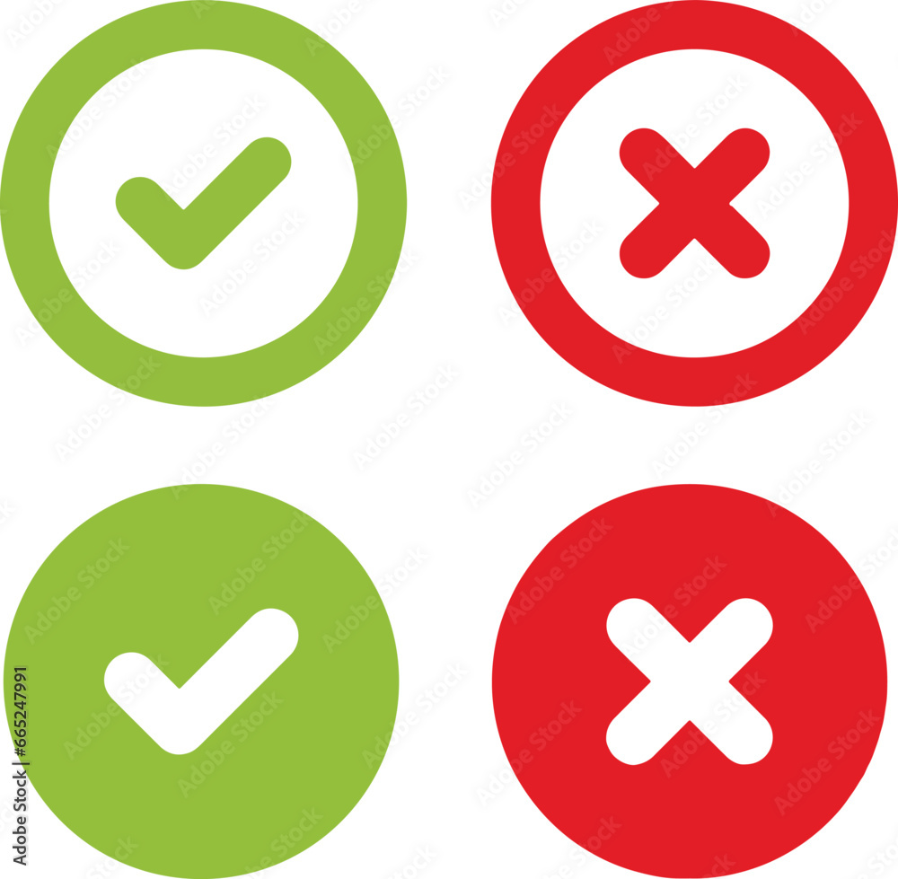Pixel perfect icon set of check green mark and red wrong mark. Thin line icons, flat vector illustrations. Isolated on white, transparent background Pixel perfect icon set of check green mark and red wrong mark. Thin line icons, flat vector illustrations. Isolated on white, transparent background