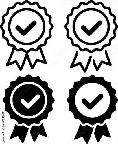 Pixel perfect icon set of approved, certified medal, badge. Thin line icons, flat vector illustrations, isolated on white, transparent background