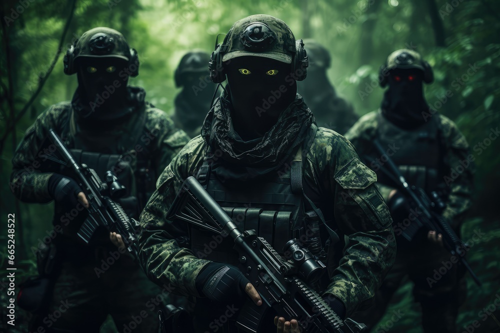 Fototapeta premium Group of soldiers with guns in the forest, Selective focus, patriot, warriors, face covered military army, battlefield soldiers