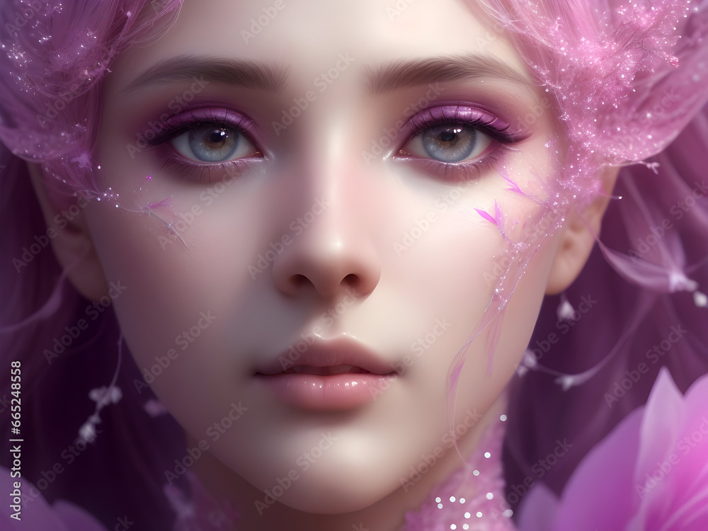 Ethereal makeup close-up. Model's exquisite cosmetic details Ethereal makeup close-up. Model's exquisite cosmetic details