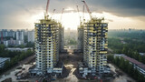 Drone aerial view of a large number of abandoned high-rise apartment buildings under construction