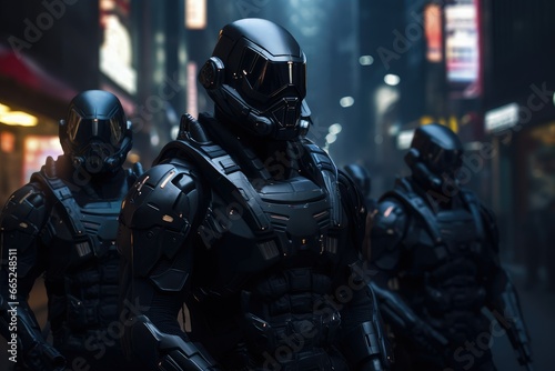 Futuristic cyborg soldiers, modern hi-tech military soldiers with full gear modern set up, robotic warriors, Stealth, ai defenders