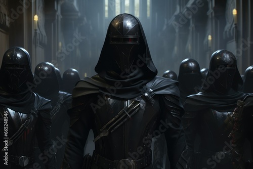 Warrior in armor in the hall of the castle, 3D rendering, Galactic Knights, black army, futuristic soldiers, armed defenders, fictional characters, sci-fi warriors