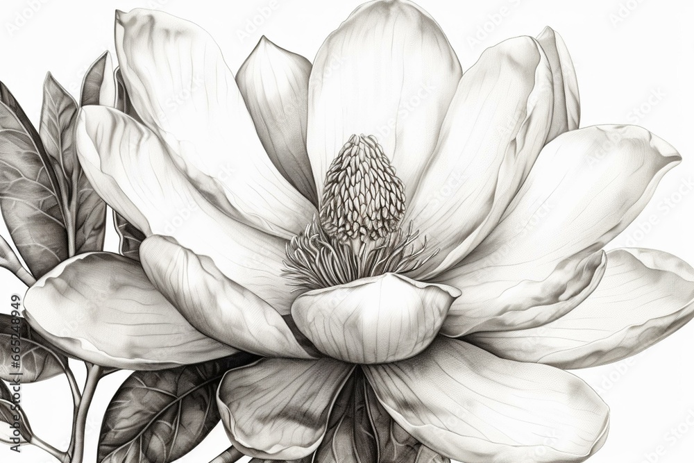 Close-up monochrome drawing of a magnolia flower in art style. Generative AI - obrazy, fototapety, plakaty 