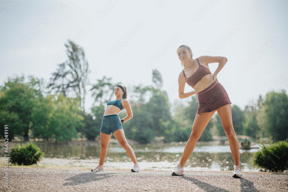 Obraz premium Fit Girls Stretching and Exercising in Green Outdoor Park