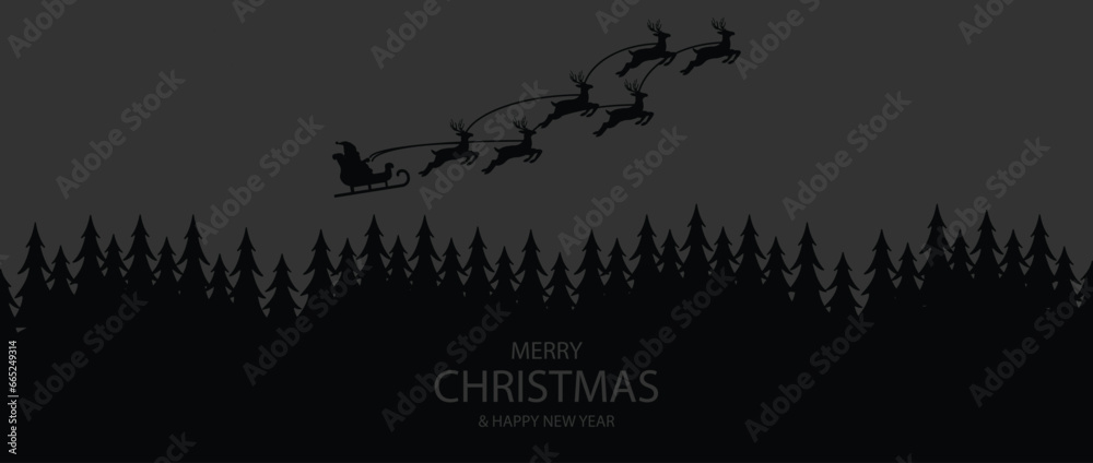 Christmas background. Christmas deer, Santa claus, santa Carriage, Greeting card, banner, poster,  header, holiday cover