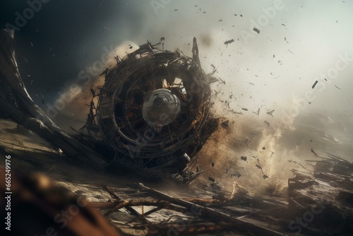 close-up of whirlwind, with wreckage and dirt whirling in the atmosphere. Generative AI photo