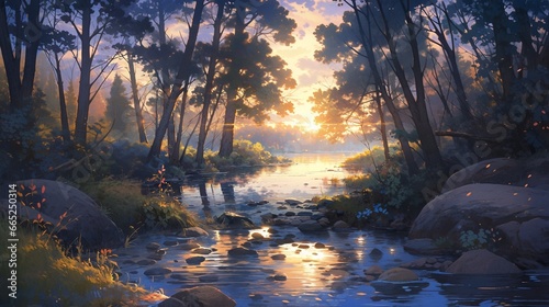 ［AI生成画像］森の中、川、日没3 © 孝広 河野