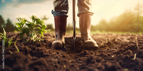A Farmer's Daily Ritual: Tilling the Earth with a Shovel in the Garden background ai generated photo