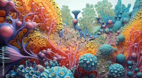 bright and colorful microcosm of microbes  fungi  bacteria
