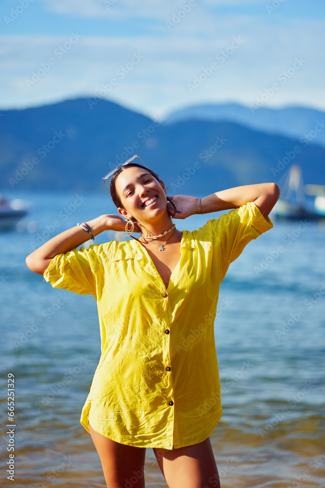 portrait Latin American young woman happy enjoying the beach and sun portrait Latin American young woman happy enjoying the beach and sun