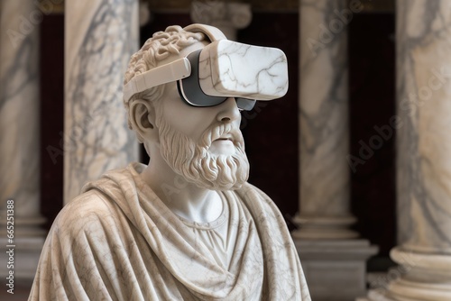 medieval statue wearing a virtual reality helmet. blend of past and future