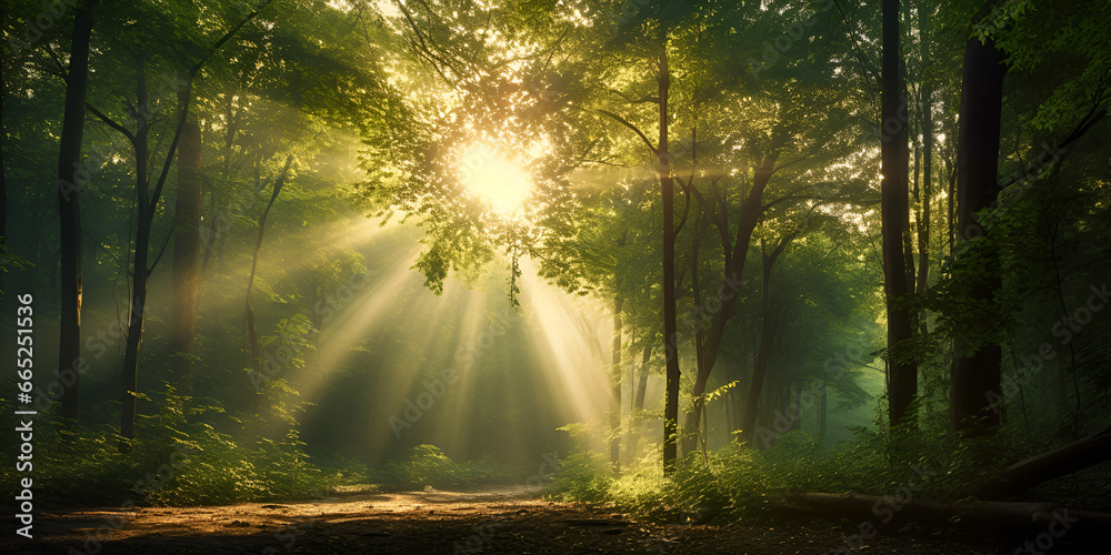The Ethereal Symphony of Sun Rays Through the Forest one side background ai generated
