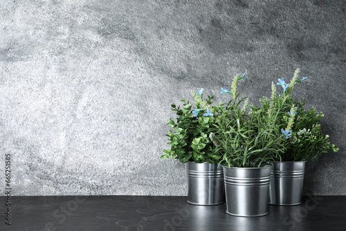 Different artificial potted herbs on black marble table, space for text