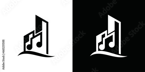 logo design combining the shape of a building or music studio with musical notes.