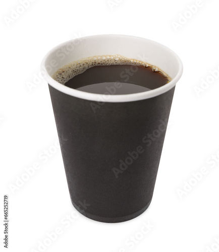 Black paper cup with hot drink isolated on white. Coffee to go