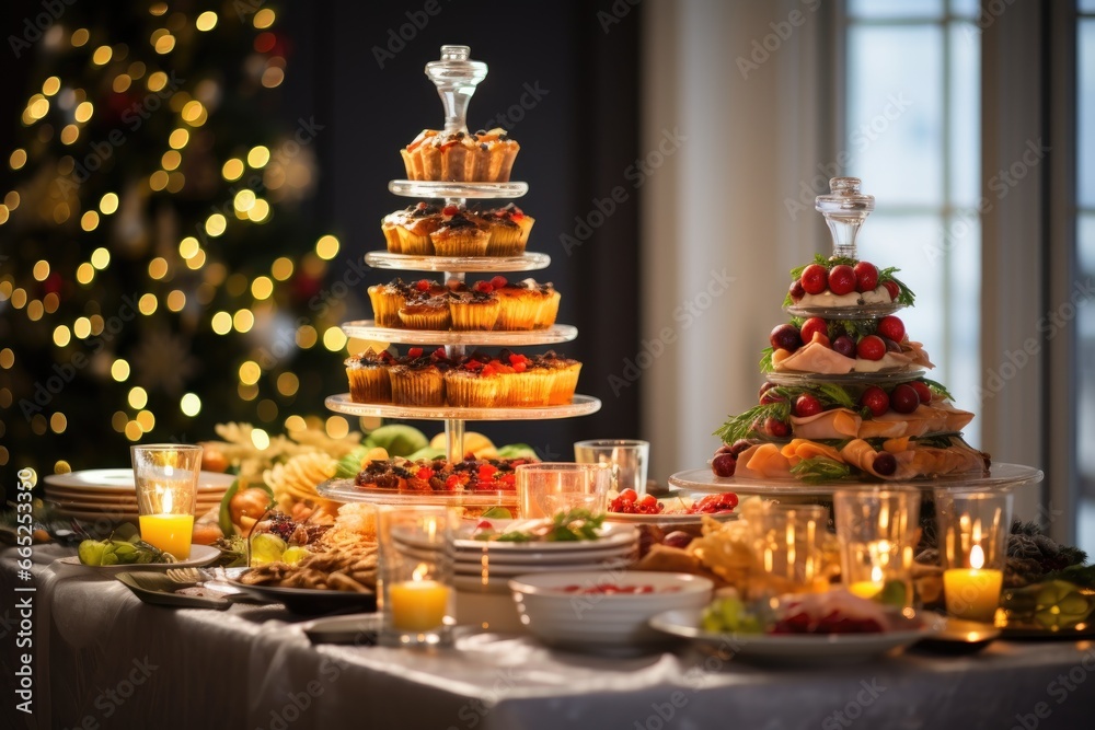 The festive feast set on the table amidst the backdrop of the beautifully adorned Christmas tree