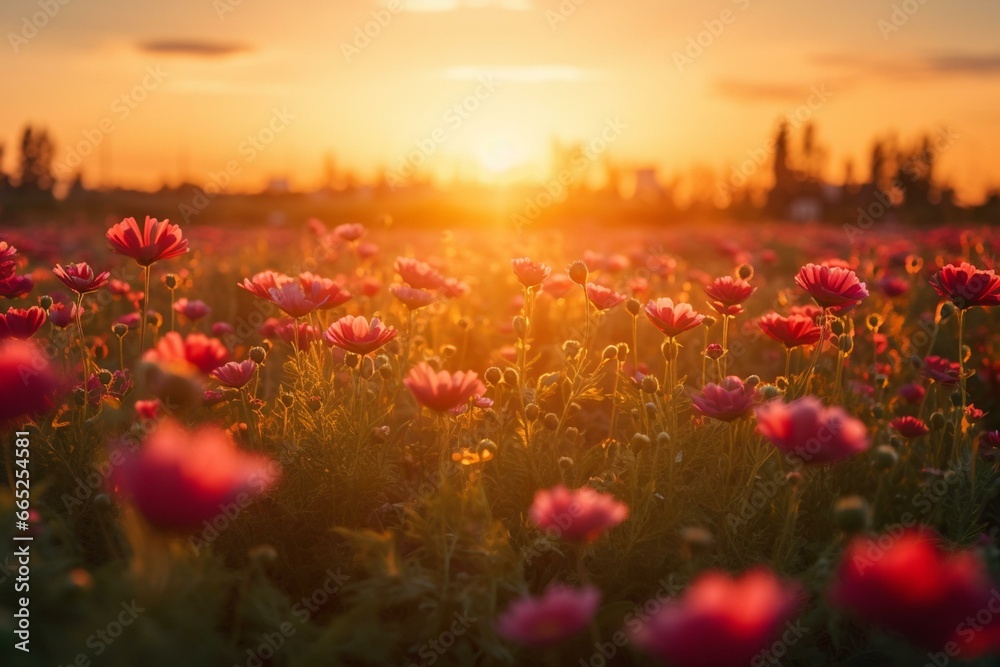 Photograph of beautiful flowers in a stunning sunset, available as a high-definition 8K wallpaper. Generative AI