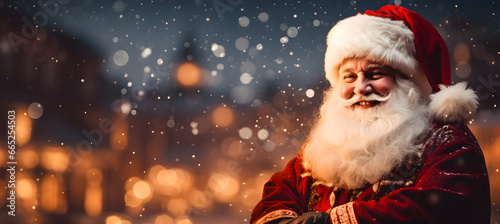 Merry Santa Claus in Bokeh Winter Village, Celebrating Christmas and New Year © NE97