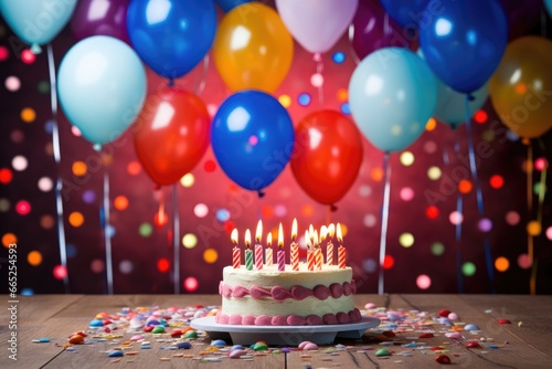 Birthday cake with candles on a background of colorful balloons