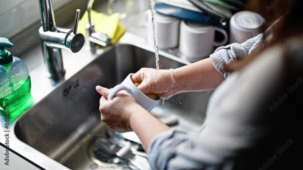 Young beautiful hispanic woman washing plates at the kitchen Young beautiful hispanic woman washing plates at the kitchen