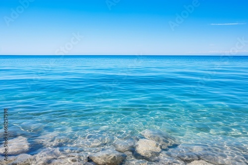 Serenity of a serene landscape with serene blue sea, tranquil waters, and clear skies, offering a simple and calming natural backdrop. Generative AI