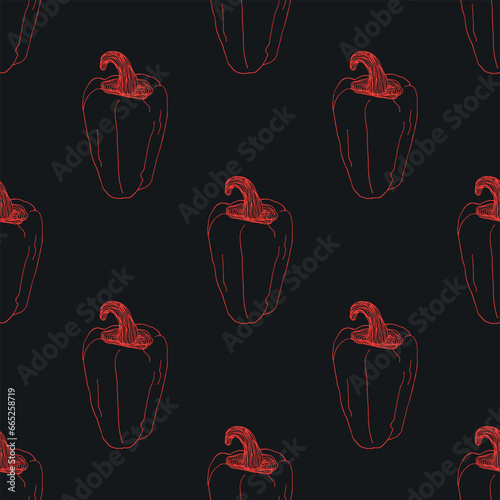 Pepper hand drawn seamless pattern. Pepper background. Paprika Farm market product.