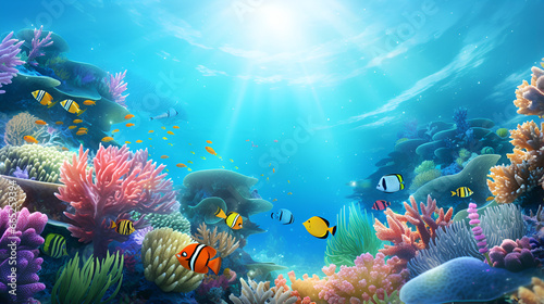 Colorful tropical fish coral scene background, Life in the coral reef underwater, sunlight, clear water ocean, travel concept, illustration digital Generative AI design art ,coral reef with fish, © microtech