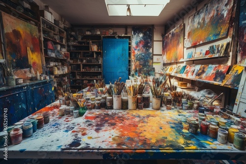 vibrant art studio filled with paint palettes, brushes, and canvases, ready to be transformed into expressive masterpieces. Generative AI © Eira