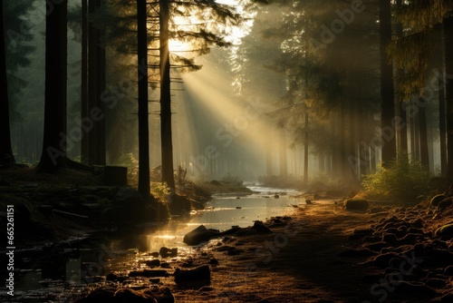 Mystical fog, ethereal light beams in forest.