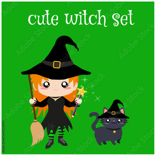set de linda bruja pelirroja con barita y escoba acompañada de un tierno gatito negro con sombrero