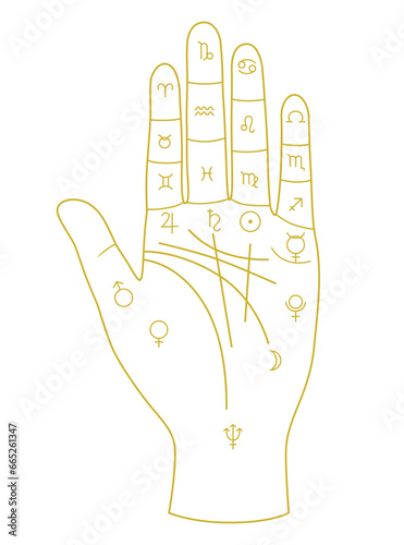 Golden palmistry hand with zodiac signs and palmistry lines on hand.