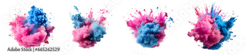 Set of pink and blue powder explosion, Paint holi, Colorful rainbow paint splash elements for design , isolated on white and transparent background