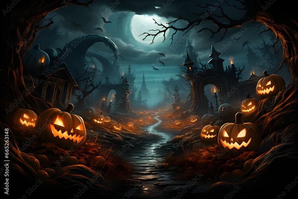 illustration of illuminated carved pumpkins with different evil faces in darkness at Halloween night illustration of illuminated carved pumpkins with different evil faces in darkness at Halloween night