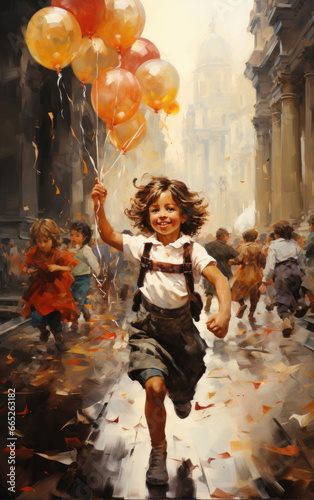 A captivating oil painting portraying a child immersed in pure joy amid vibrant balloons, showcasing artistic finesse. Ideal for a postcard.