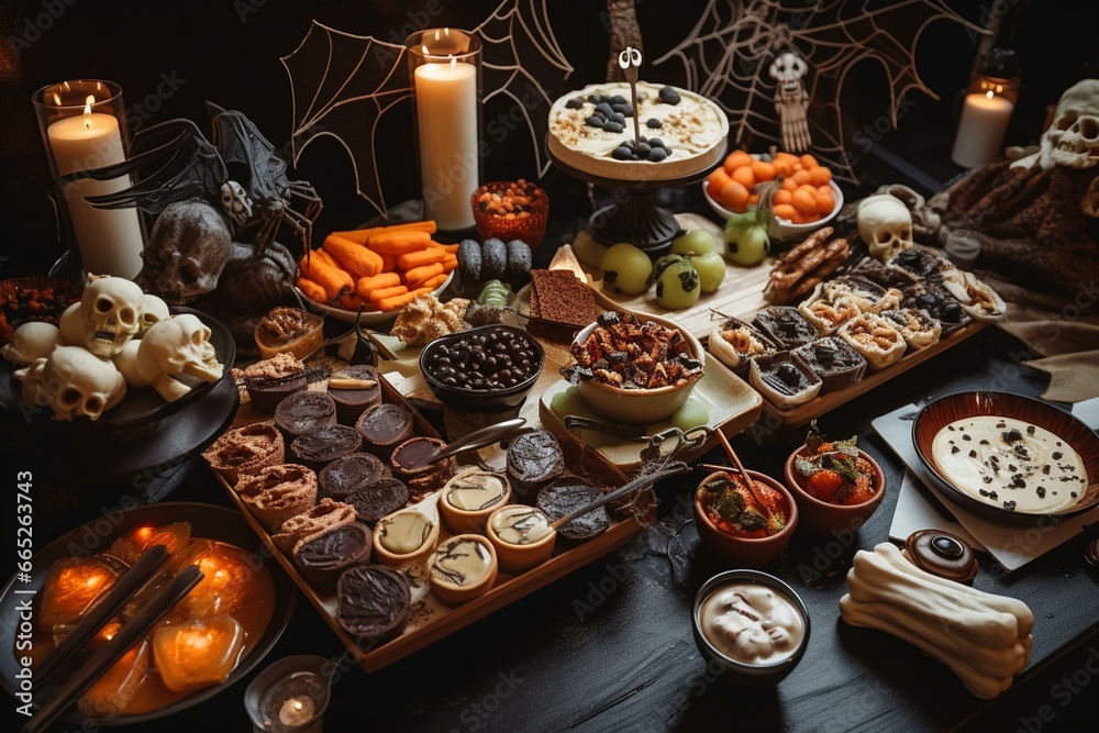 Halloween-themed dessert spread. Generative AI