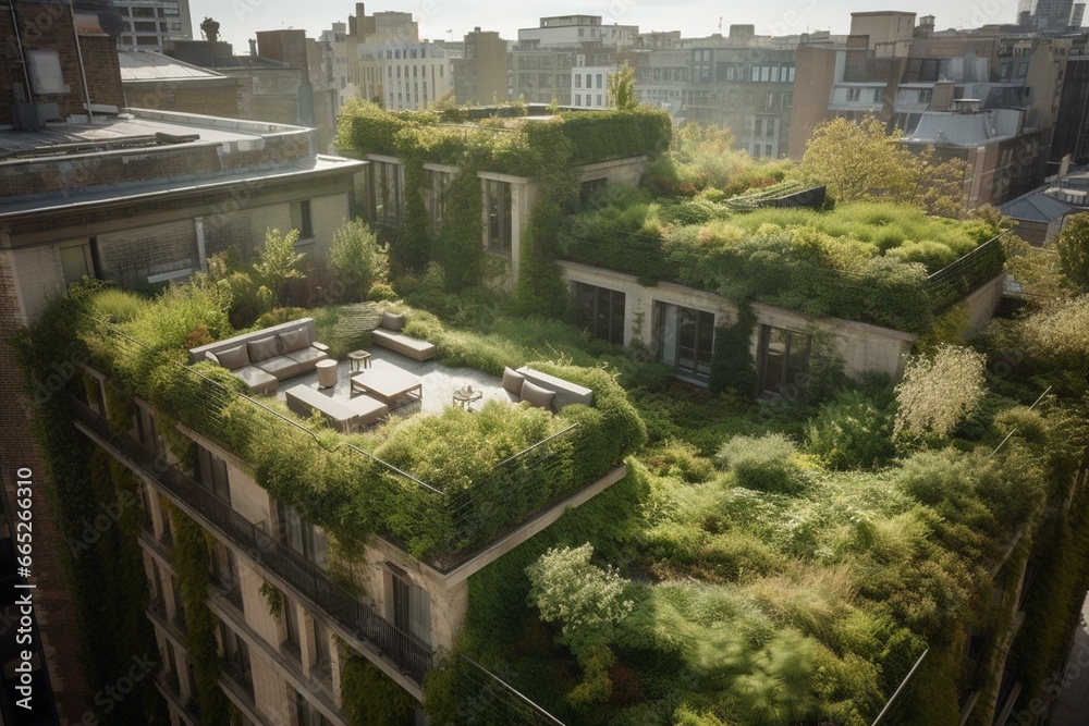 Urban oasis with green rooftops and natural landscapes. Generative AI