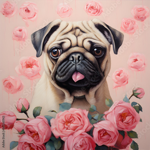 Cute pug dog with pink flowers © PixelHD