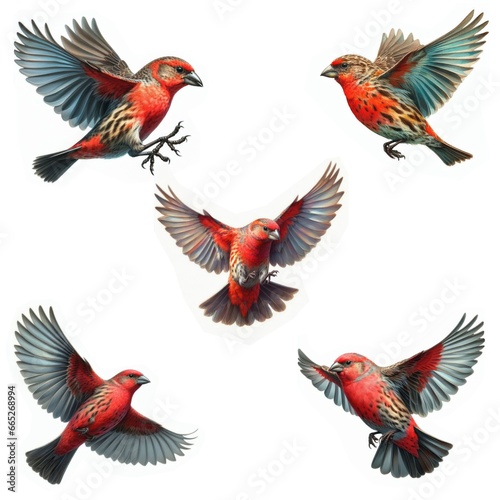 A set of male and female Red Crossbills flying isolated on a white background © DLW Designs