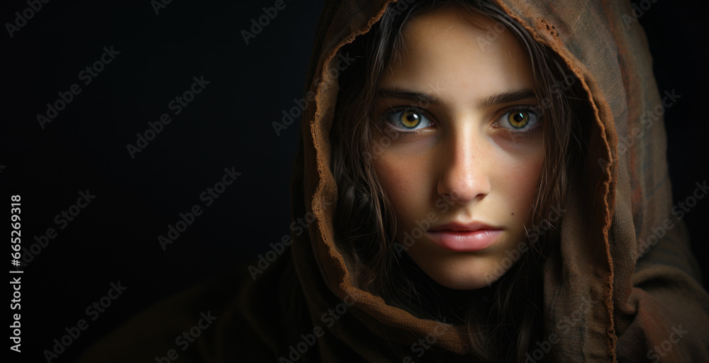 Arab girl wearing hijab on dark background, face of serious Palestinian young woman. Sad Middle Eastern teen in scarf looking at camera. Concept of youth Arab girl wearing hijab on dark background, face of serious Palestinian young woman. Sad Middle Eastern teen in scarf looking at camera. Concept of youth