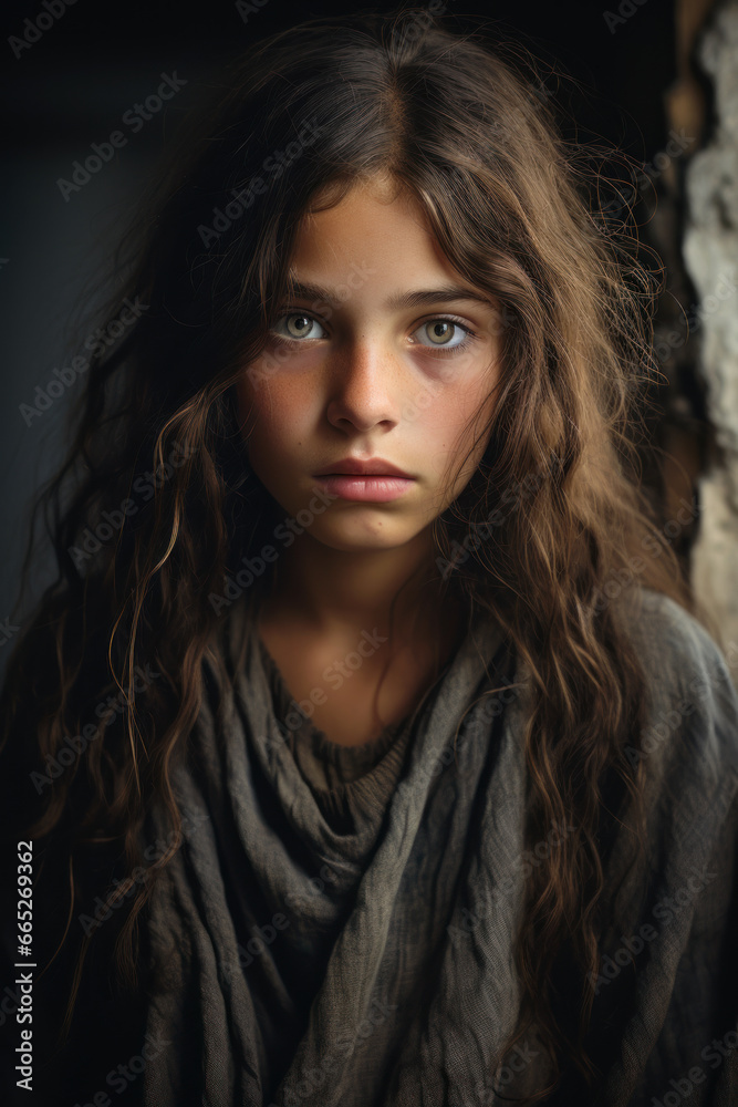 Sad girl portrait in dark room, face of serious young woman in Middle East. Attractive Palestinian teen wearing scarf looking at camera. Concept of youth