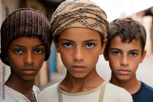 Arab boys portrait, serious Palestinian teenagers on street. Faces of sad kids looking at camera outdoor. Concept of independent, youth, character, muslim photo