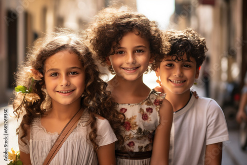 Smiling Arab children on street, portrait of happy Palestinian kids. Group of youth looking at camera outdoor in Middle East. Concept of young people, teen photo