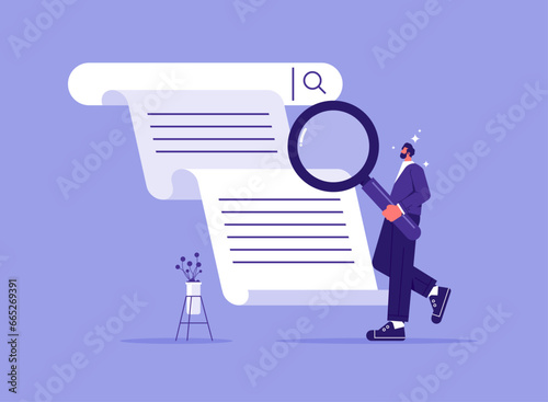 Search engine answering users questions concept. Search engine bar with businessman hold magnifying glasses surfing internet, analyzing queries, keywords
