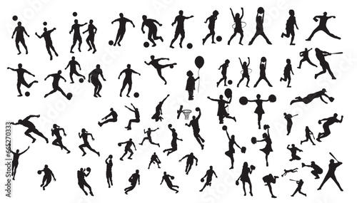 A set of people playing several sports. A silhouette art of players playing football, baseball, basketball and other sports.