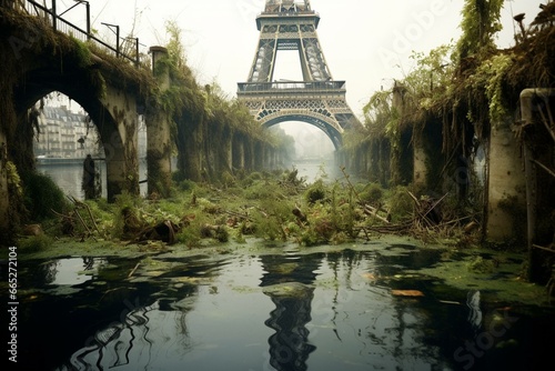 Paris submerged and overtaken by plants, highlighting environmental consequences. Generative AI