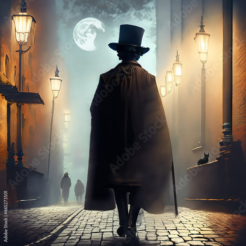 Mysterious Man in Top Hat and Cane  Walking in Foggy Old London in the 1880's