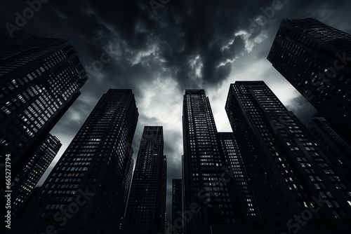 Tall buildings under dark sky. Generative AI