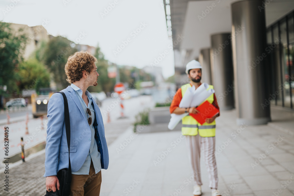 Architects and engineers discuss blueprints at a construction site. A successful and sustainable project takes shape with teamwork and technology in the urban workplace.
